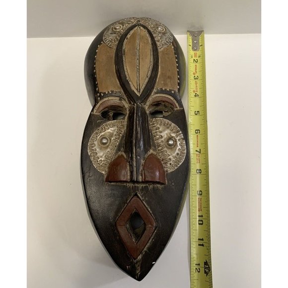 Carved Wooden Face Mask Metal Inlay Open Mouth Tribal Ethnic Cultural Decor READ - Picture 7 of 15